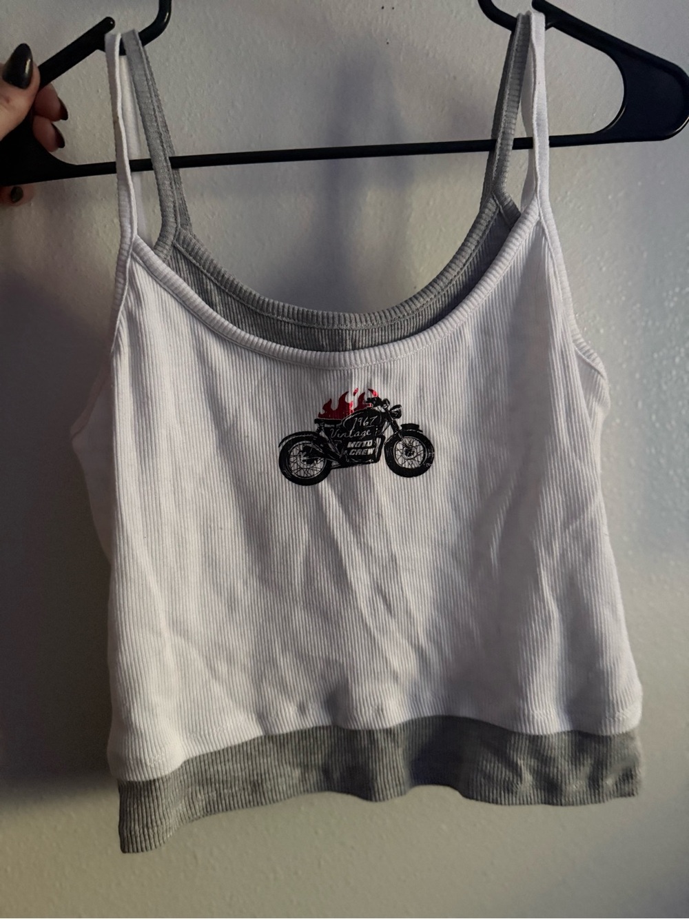 White & Gray Ribbed Spaghetti-Strap Tank Top with Motorcycle Graphic